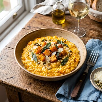 Creamy pumpkin risotto topped with roasted squash and fresh sage leaves served on wooden table