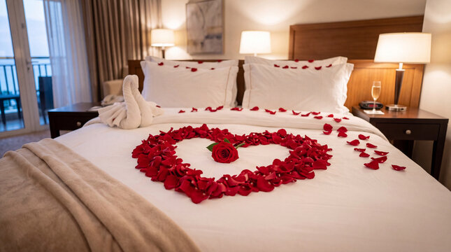 Rose on the bed in hotel rooms. Rose and her petals on the bed for a romantic evening. Beautiful hotel for honeymoon sweet