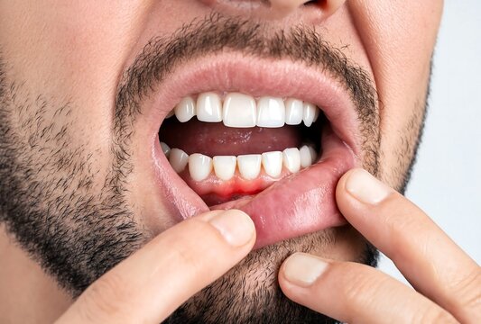 Closeup of a man pulling down his lower lip showing inflamed red gums
