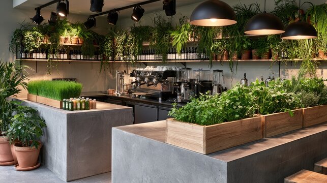 Modern cafe interior with abundant greenery and a sleek coffee bar
