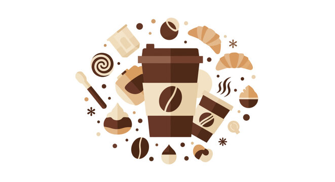 Minimalist Coffee and Bakery Flat Illustration with Takeaway Cups, Croissants, and Pastries
