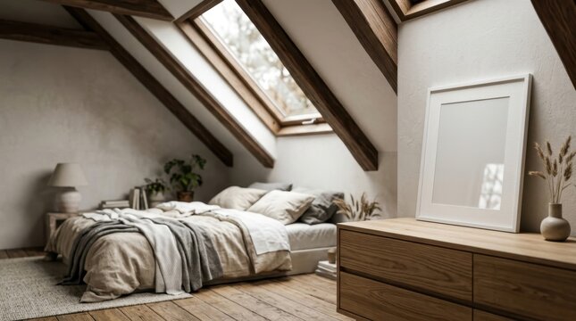 Empty picture frame on a wooden dresser in a modern attic bedroom