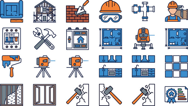 Vector set of colorful construction and home renovation icons featuring blueprint tools hardhat laser level kitchen floor tiles and insulation symbols
