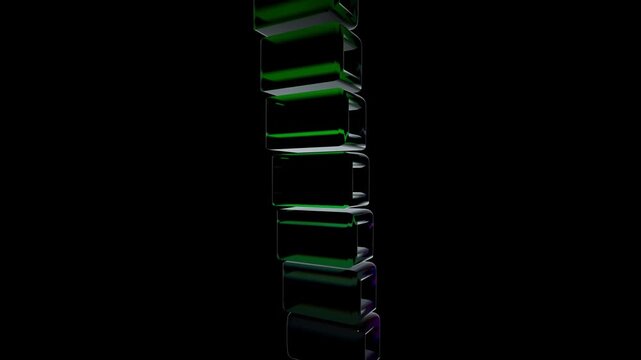 Abstract dark green glowing geometric column on black background