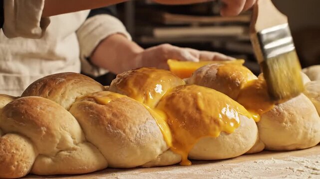 A baker brushing egg wash onto a freshly braided loaf of bread.