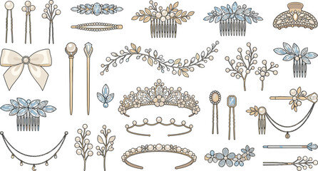 Elegant bridal hair accessories and luxury wedding jewelry icons set with tiaras crowns combs hairpins pearl bows and vines vector © Monirul