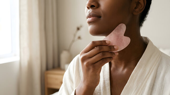 Black woman using rose quartz gua sha tool on jawline for facial massage and skincare routine in bright interior