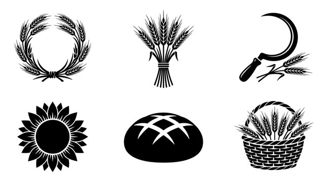 Dożynki harvest festival silhouette symbols, wheat wreath crown, rye bundle, harvest sickle, sunflower, bread loaf, grain basket, exactly six symbols only