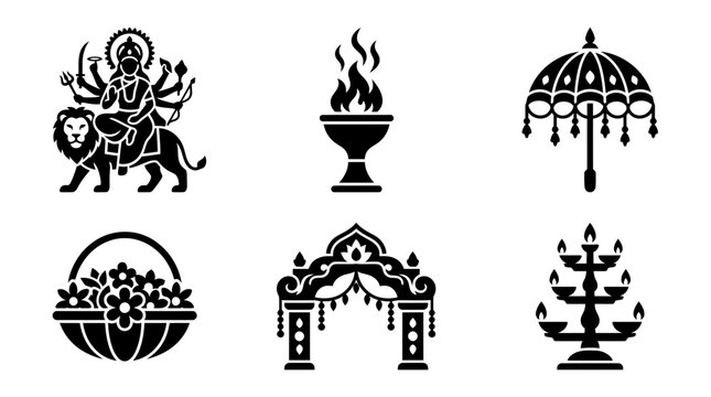 Durga Puja celebration silhouette symbols, Durga idol, incense burner, ceremonial umbrella, flower offering basket, decorative pandal, festival lamp stand, exactly six symbols 