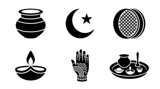 Karva Chauth silhouette symbols, karva pot, moon, traditional sieve, diya lamp, mehndi hand, prayer thali, exactly six symbols only,