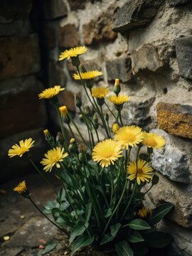 Here is the expanded metadata  Yellow blooms of Hieracium murorum, a common wall hawkweed, thrive on weathered stone walls and crumbling brick facade