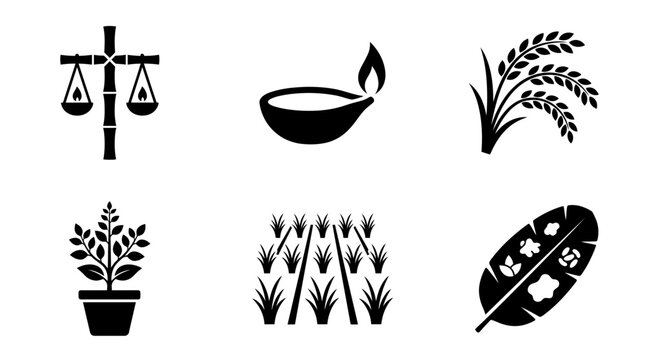 Kati Bihu silhouette symbols, bamboo lamp stand, earthen oil lamp, rice stalk, sacred tulsi plant, paddy field, banana leaf offering, exactly six symbols only