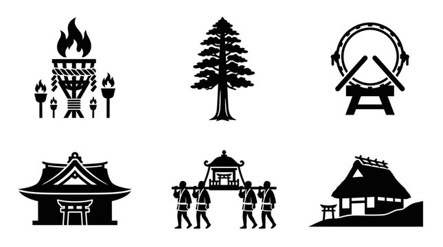 Kurama Fire Festival celebration silhouette symbols, flaming torch procession, cedar tree, festival drum, shrine roof, carrying pole, mountain village house, exactly six symbol