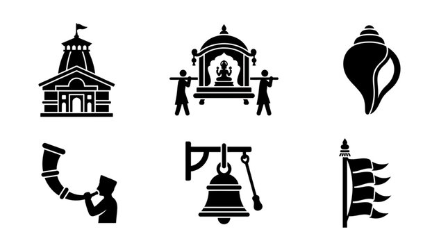 Kullu Dussehra silhouette symbols, mountain temple, deity palanquin, conch shell, ceremonial horn, temple bell, prayer flag, exactly six symbols only