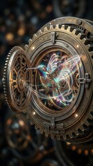 Obraz premium Steampunk hummingbird flying inside intricate clockwork gears