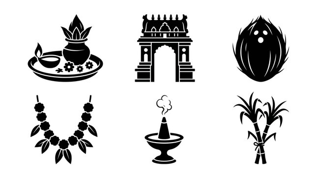 Tula Sankranti celebration silhouette symbols, prayer offering tray, sugarcane, coconut, flower garland, incense burner, temple arch, exactly six symbols only