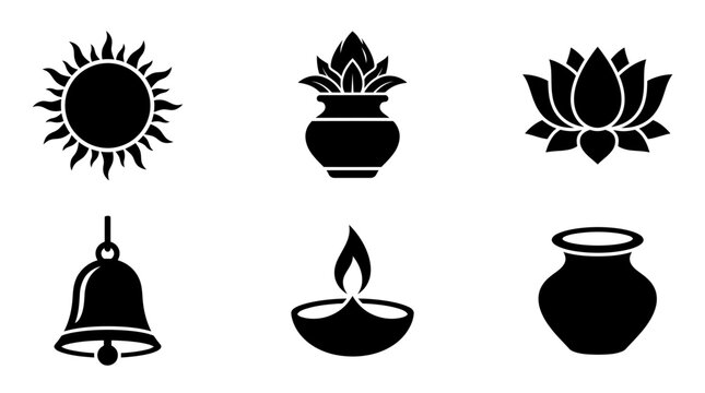 Tula Sankranti silhouette symbols, sun symbol, sacred kalash, lotus flower, temple bell, oil lamp diya, holy water pot, exactly six symbols only