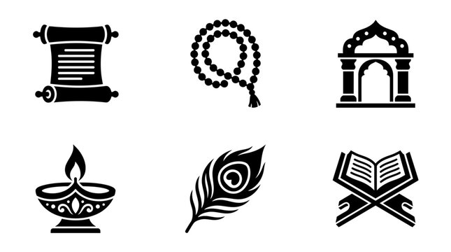 Valmiki Jayanti celebration silhouette symbols, manuscript scroll, prayer beads, temple arch, ceremonial lamp, peacock feather, scripture stand, exactly six symbols only