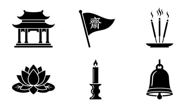Vegetarian Festival silhouette symbols, Chinese shrine, yellow vegetarian flag, incense sticks, lotus flower, ceremonial candle, prayer bell, exactly six symbols only