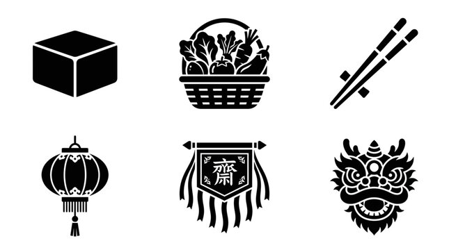 Vegetarian Festival celebration silhouette symbols, tofu block, vegetable basket, chopsticks, temple lantern, festival banner, dragon dance head, exactly six symbols only