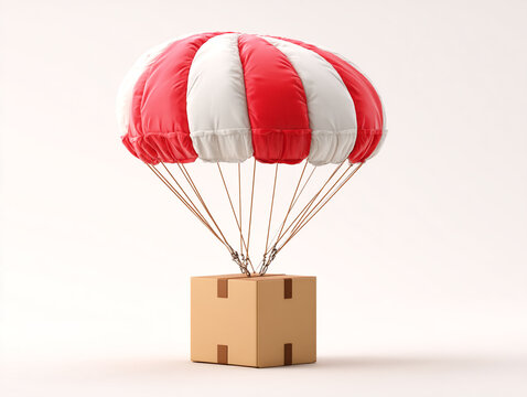 A 3D cartoon-style illustration of a red and white striped parachute carrying a cardboard box, symbolizing fast air delivery and express cargo transport.