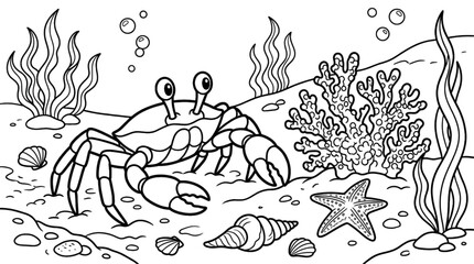 Coloring page outline of a crab walking on the ocean floor, shells, coral, starfish, seaweed, bold outlines.

