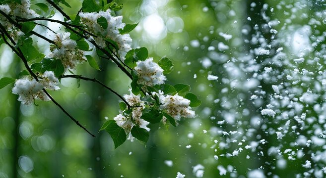 Delicate white blossoms on a leafy branch, with white fluff floating in the breeze