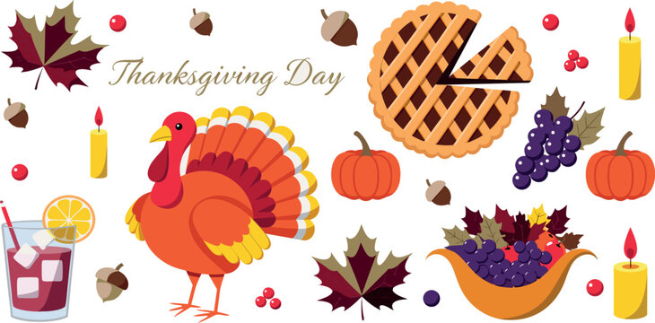 Thanksgiving day illustration featuring a turkey pumpkins grapes maple leaves and a pie slice on transparent background autumn celebration colorful cornucopia cranberry decoration