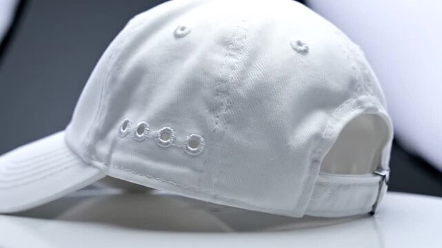 Minimalist Blank White Baseball Cap Viewed From The Side With Ventilation Eyelets for Modern Fashion Apparel and Casual Athletic Sportswear Design