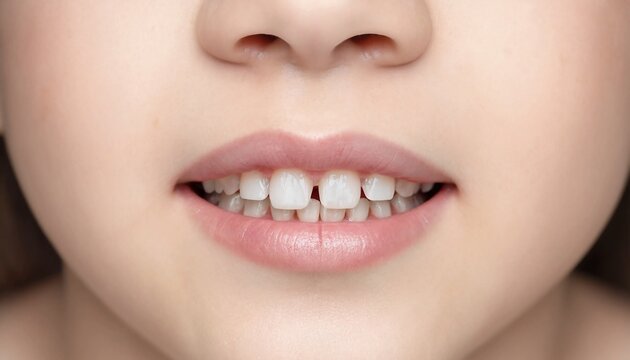 Close up shot of a young child smiling showing natural baby teeth and small gap