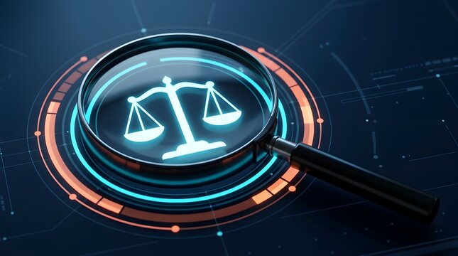 Digital Magnifying Glass on Glowing Justice Scales