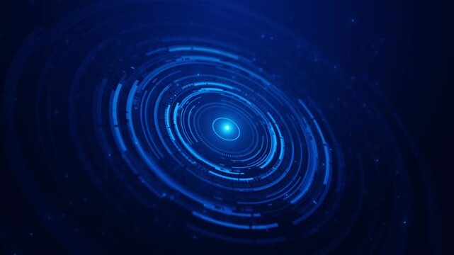 Futuristic blue circular HUD interface features rotating rings particles. artificial intelligence videos, radar screens, cyber security intros, data analysis, control panels, technology overlays.