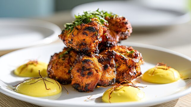 Delicious spiced grilled chicken pieces with saffron dipping sauce