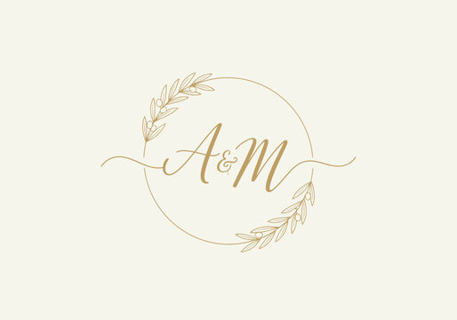 Elegant golden monogram A and M creath title and keyword simple wedding logo design