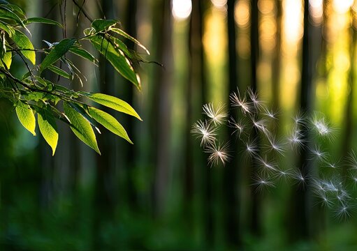 Soft focus sunlight through trees illuminates floating seeds near green leaves