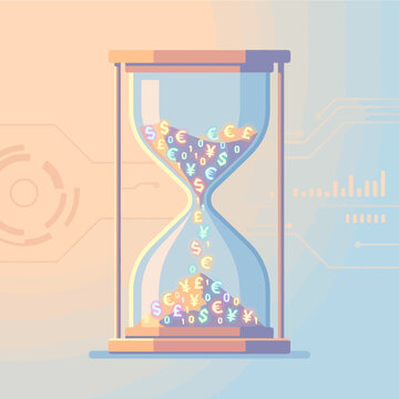 An hourglass filled with various currency symbols and binary digits