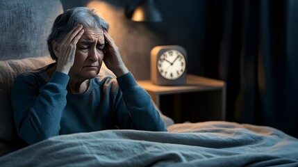 Obraz premium Exhausted old pensioner woman rubbing temples experiencing severe pain and tension at home