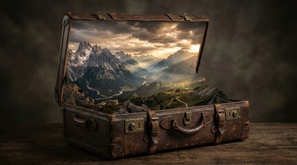 Fototapeta premium Vintage suitcase opening to reveal a mountain landscape