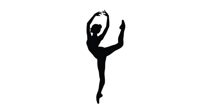 Ballerina silhouette gracefully leaping in a dynamic pose against a plain white background dancer dance figure form shape outline