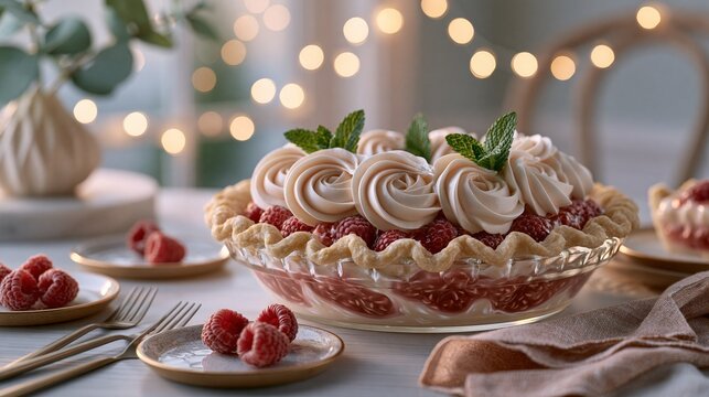 National Raspberry Cream Pie Day: Elegant dessert table setup for National Raspberry Cream Pie Day celebration, whole pie centerpiece topped with piped whipped cream rosettes and mint leaves