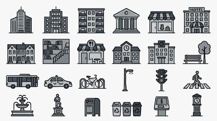 Clean Monochrome Icons Set of Urban Life Elements and City Infrastructure with high quality professional line art symbols for modern creative design and digital branding projects © Oli