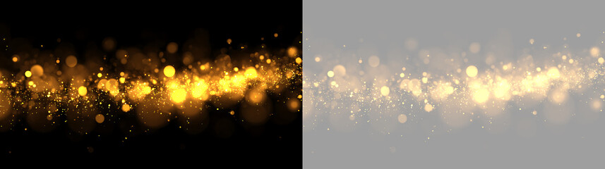 Golden glitter dust and bokeh sparkle overlay. Glowing light trail on black and transparent background. Shimmering magic particles wave © WildStock