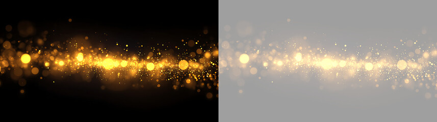 Golden sparkle overlay with bokeh and glitter dust. Shimmering light wave on black and transparent background. Glowing magic particles trail © WildStock
