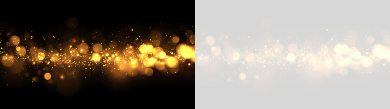 Golden bokeh and glitter dust overlay banner. Sparkling gold light particles on black and transparent background. Festive glowing magic dust effect