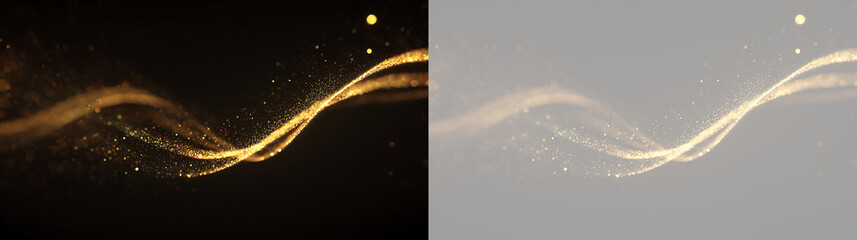 Golden glitter wave and sparkle trail overlay. Shimmering magic dust with glowing particles on black and transparent background. Elegant design element © WildStock