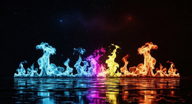 Vibrant colorful flames on water surface.