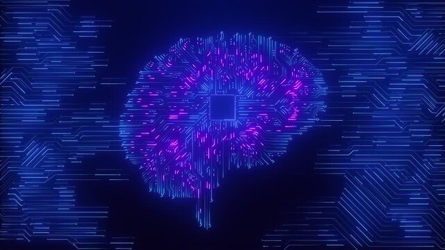 Neural processor brain visual with luminous circuit paths, blue purple glow, micro chip center, and clean tech space. Perfect for AI videos, computing reports, science titles, and software overlays.