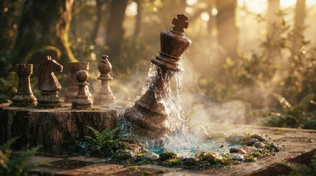 Wooden chess king piece sinking in water in forest