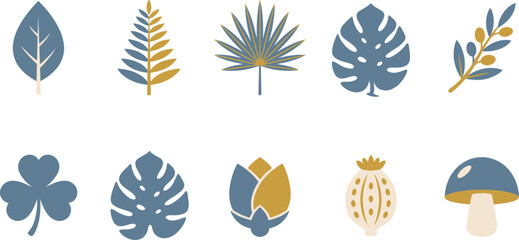 Obraz premium Set of colorful nature icons featuring tropical leaves and forest mushrooms