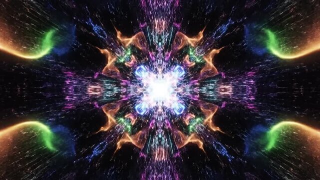 Abstract colorful psychedelic kaleidoscope portal with vibrant neon lights and symmetrical cosmic energy patterns